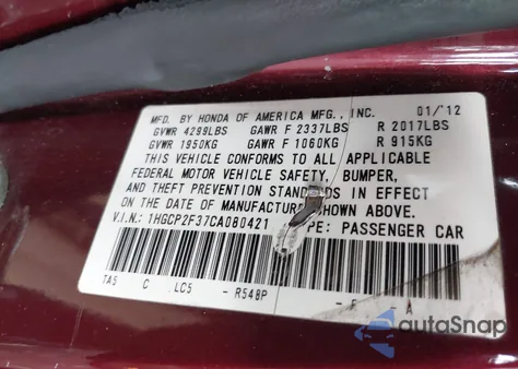 2012 Honda Accord 2.4 Lx from USA, damaged, VIN 1HGCP2F37CA080421